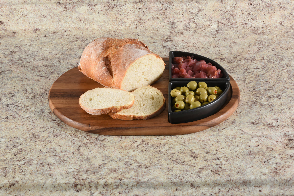 Charcuterie / Serving Tray w/ 2 Triangular Ceramic Bowls