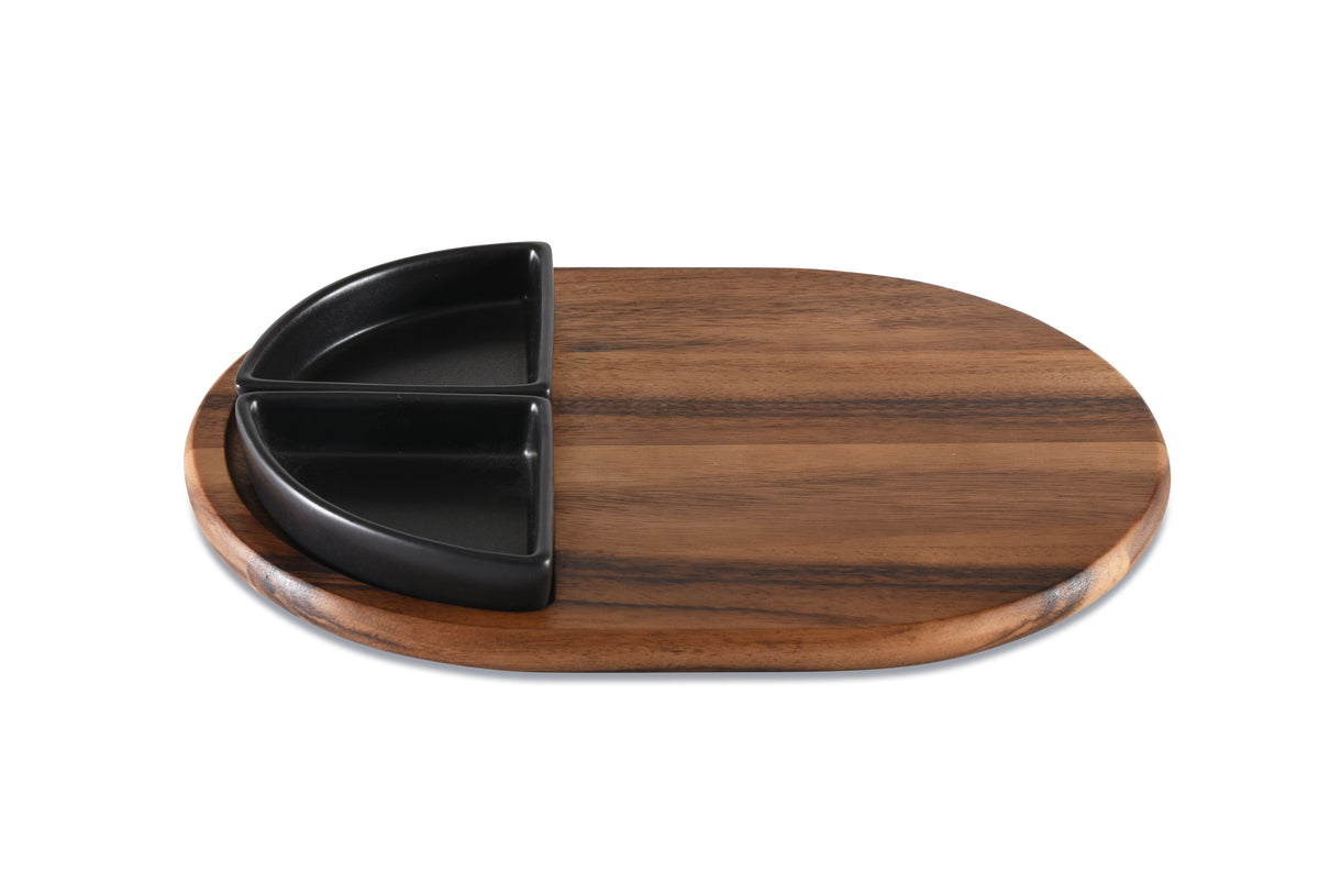 Charcuterie / Serving Tray w/ 2 Triangular Ceramic Bowls