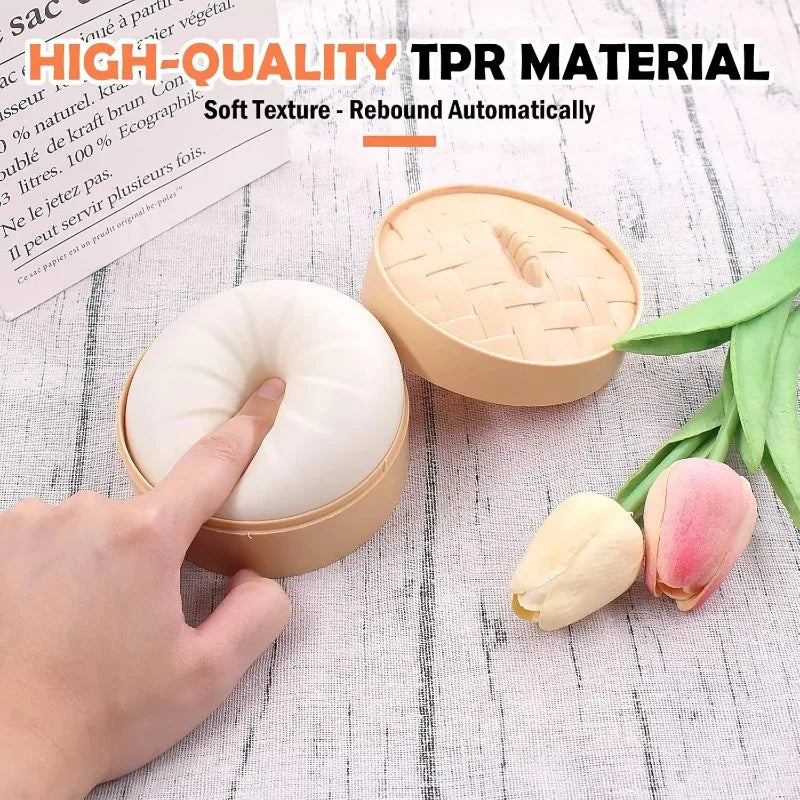 Hot Colorful Dumpling Squishes Stress Balls Fidget Sensory Toys Simulation Food Squishies Bun with Steamer Squeeze Dough Ball