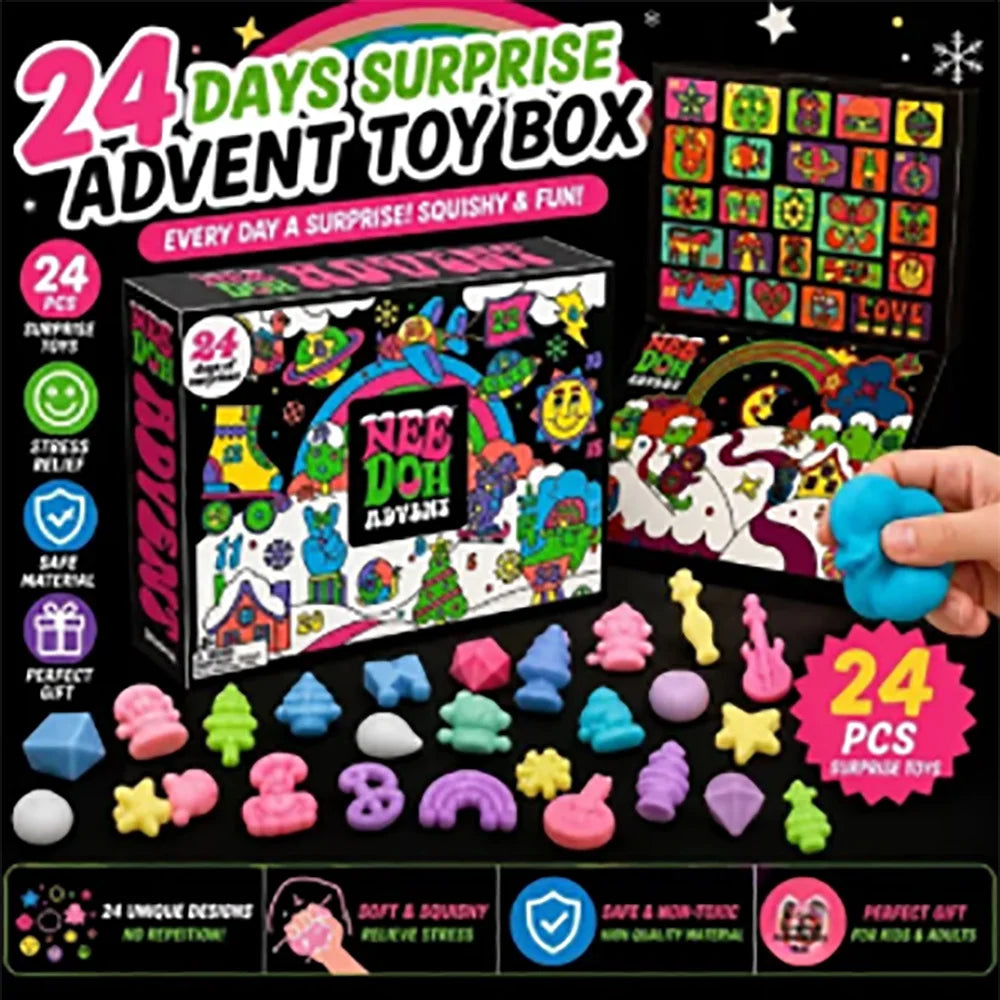 24Pcs Nee‑Doh Squish Fidget Advent Calendar Blind Box Squeeze Stress Relief Toy Christmas Holiday Countdown Surprise Gift Box