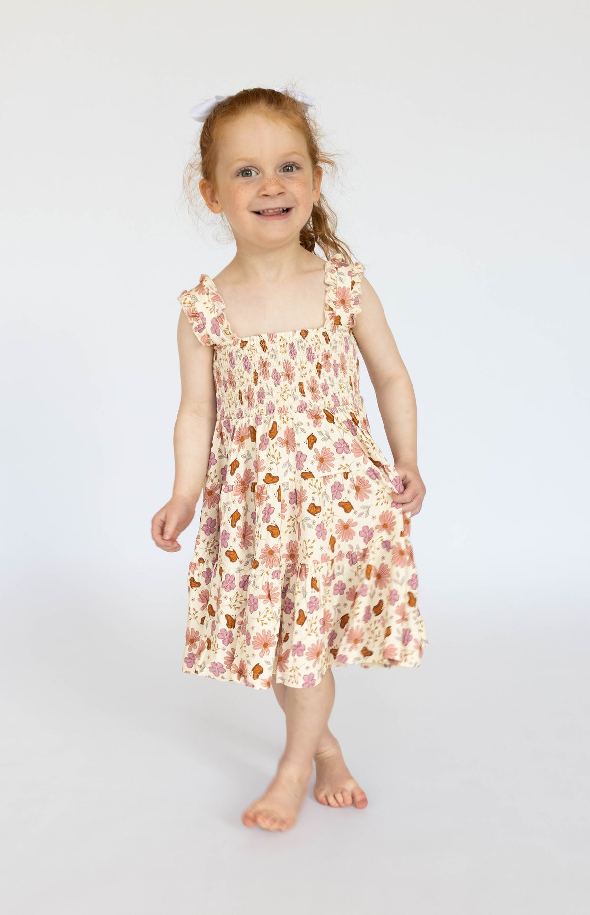 Floral Butterfly Shirred Dress