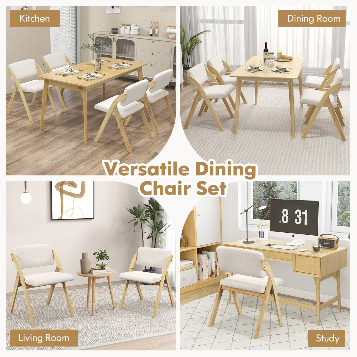 Set of 2 Folding Kitchen Dining Chairs with Rubber Wood Legs