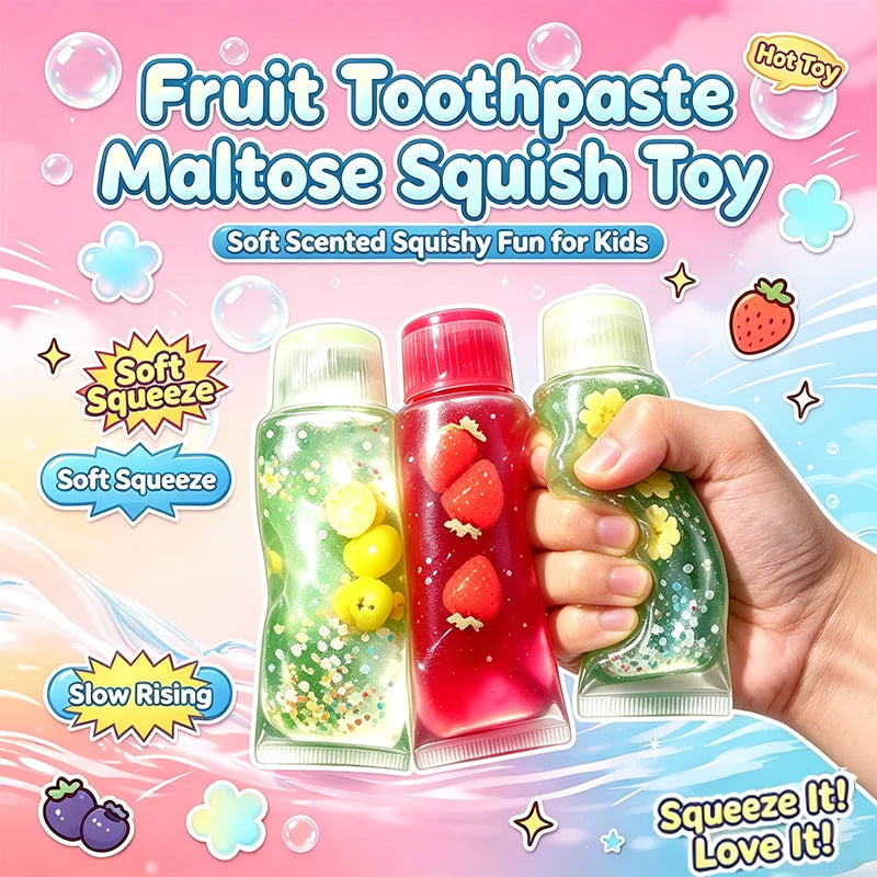 Fruit Maltose Toothpaste Squish Toy Soft Slow Rising Squeeze Fidget Toy Glitter Sensory Stress Relief Novetly Toy for Party Gift