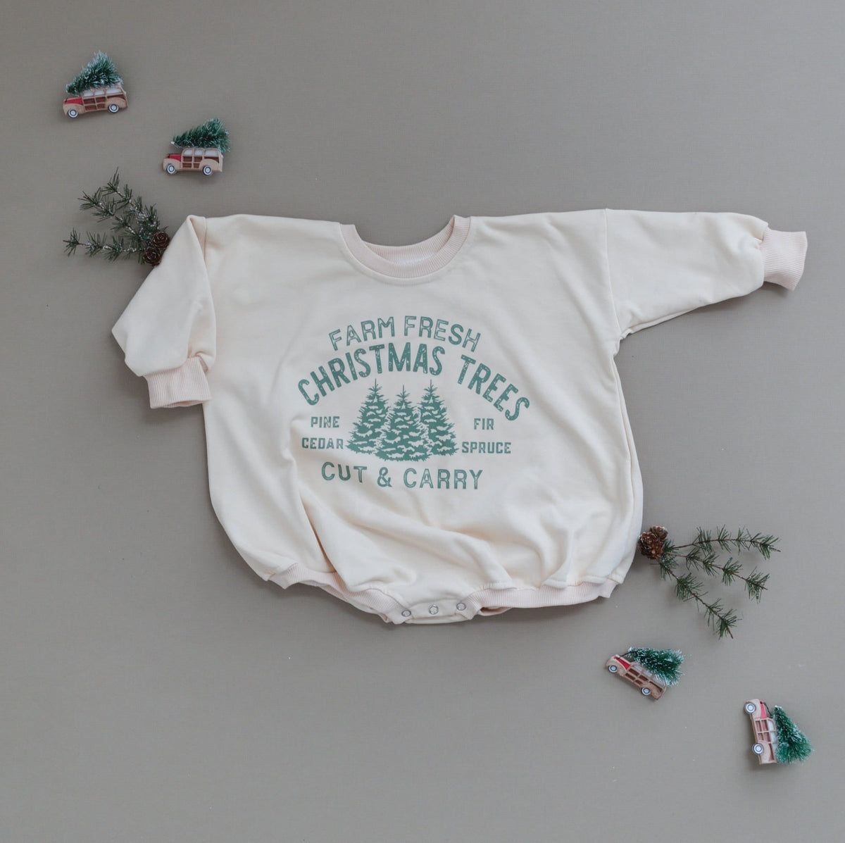 Farm Fresh Christmas Trees Sweatshirt Romper - Cream