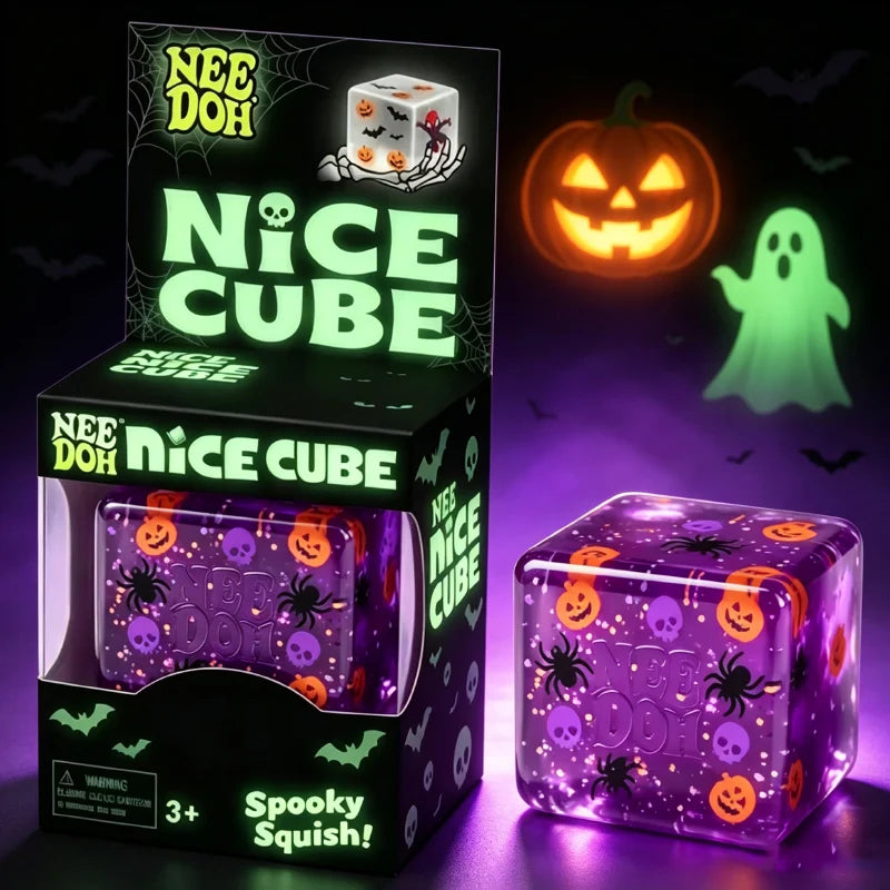 NeeDoh Nice Cube Spooky Halloween Fidget Squish Toy Squeeze Cube with Pumpkin Spider Skull Glitter for Stress & Pressure Relief