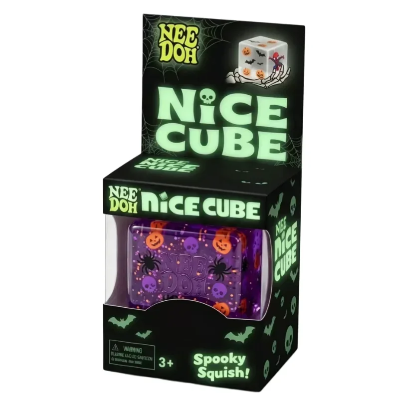 NeeDoh Nice Cube Spooky Halloween Fidget Squish Toy Squeeze Cube with Pumpkin Spider Skull Glitter for Stress & Pressure Relief