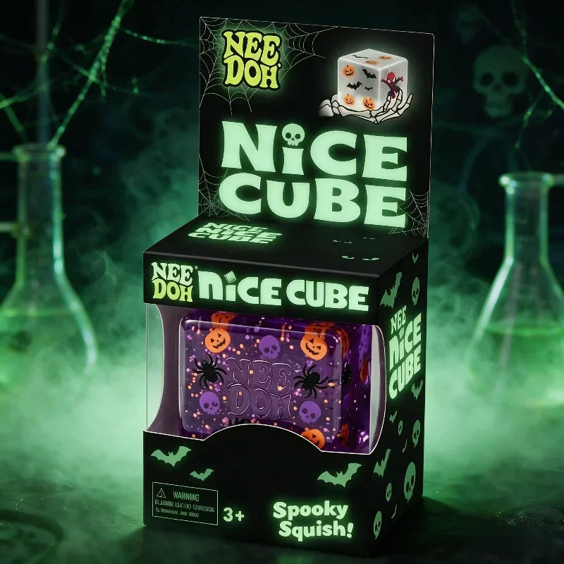 NeeDoh Nice Cube Spooky Halloween Fidget Squish Toy Squeeze Cube with Pumpkin Spider Skull Glitter for Stress & Pressure Relief